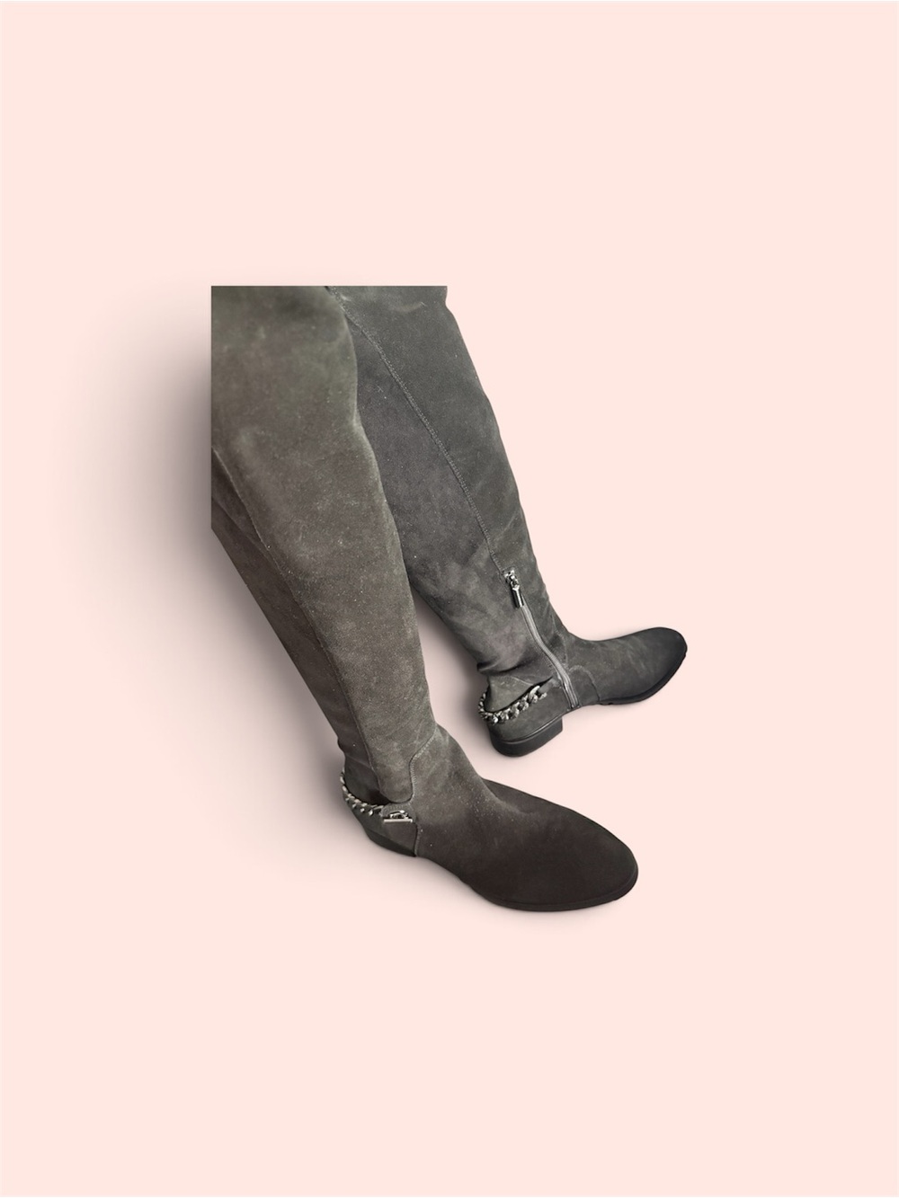 Karl Lagerfeld Gray Over-the-Knee Suede Boots with Chain Heel Accent NWOT